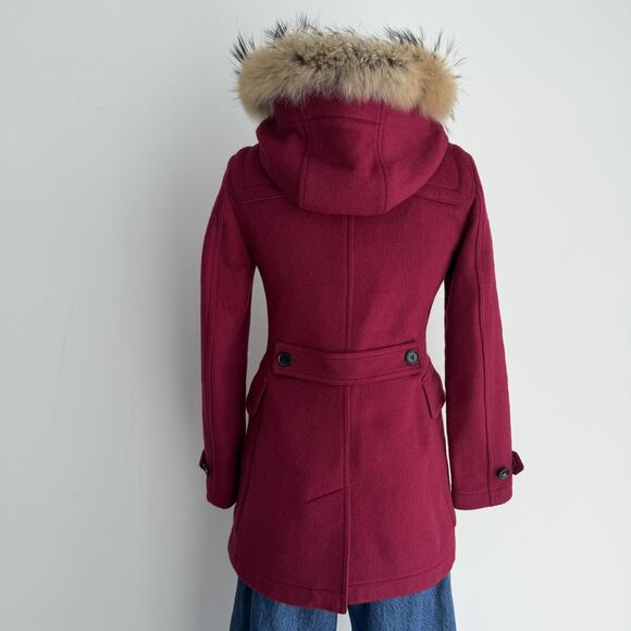 Burberry Brit Blackwell Coat Womens 8 Pink Wool Duffle Toggle Hooded Fur Trim - Picture 6 of 16